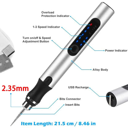 Kit de Herramientas Rotativas Inalámbricas USB para Trabajos en Madera, Grabado y DIY en Joyería, Metal y Vidrio - Taladro Inalámbrico Mini