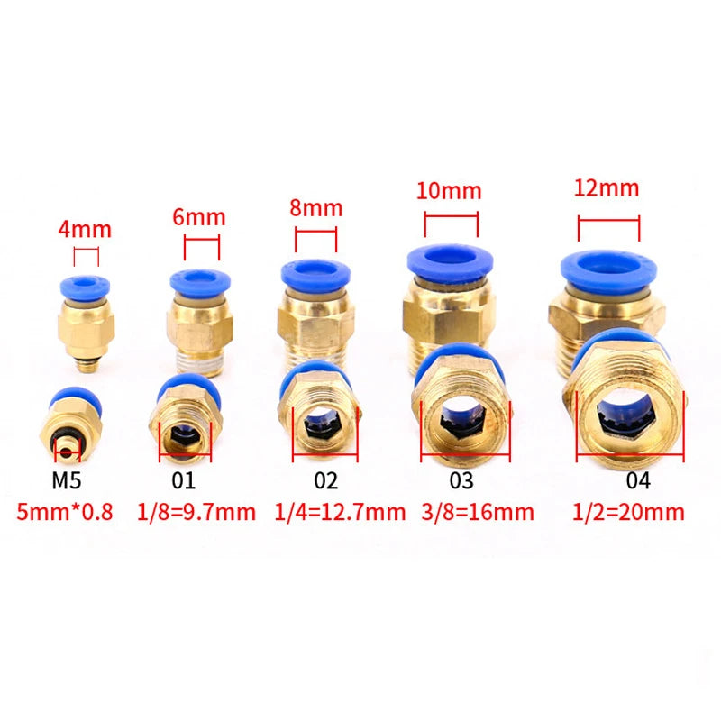 Juego de 50 Conectores Rápidos Pneumáticos PC - Adaptadores de Aire con Rosca Macho 1/8", 1/4", 3/8", 1/2"