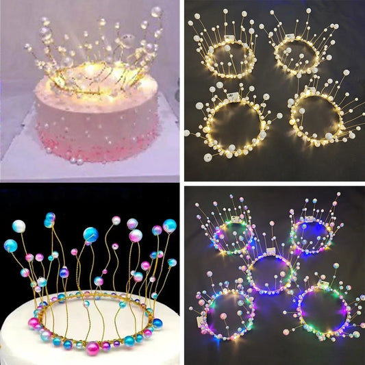 Corona de Pastel  con Perlas y Luz LED - Decoración para Fiestas de Princesa, Cumpleaños y Bodas