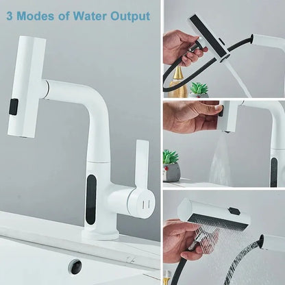 Grifo de Lavabo con Pantalla Digital de Temperatura | Mezclador de Agua Fría y Caliente | Caño Retráctil y Rocío 3 en 1