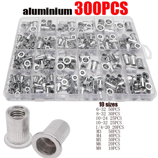 Set de 300/190/165/150/100 Piezas de Tuercas Remachadas de Cabeza Plana M3 M4 M5 M6 M8 M10 en Aluminio con Herramienta de Inserción