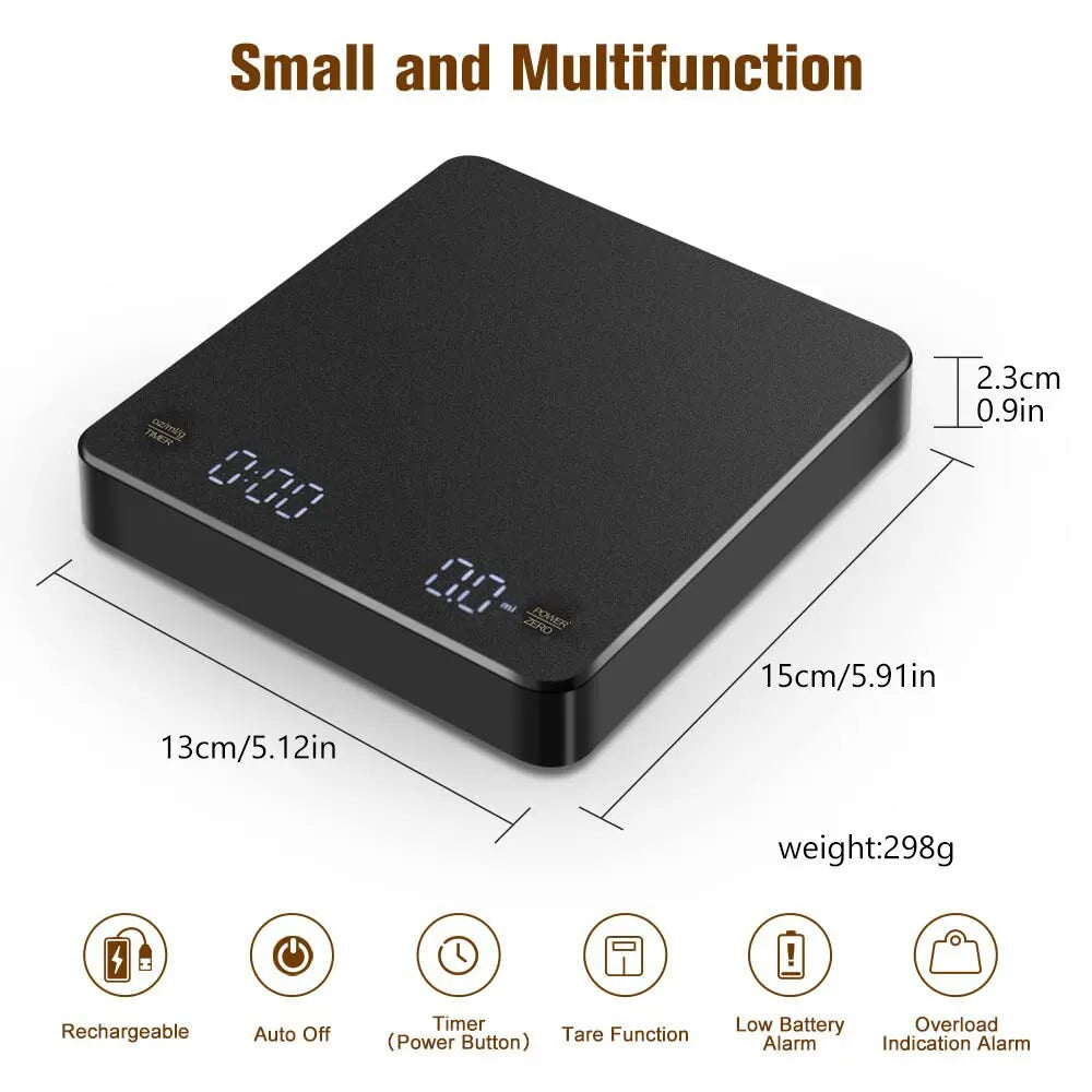 Balanza Digital para Café con Temporizador y Pantalla LED - Pesaje Preciso para Espresso, Recargable por USB, Máximo de 3 kg, Precisión de 0.1g - Ideal para Cocina y Bar
