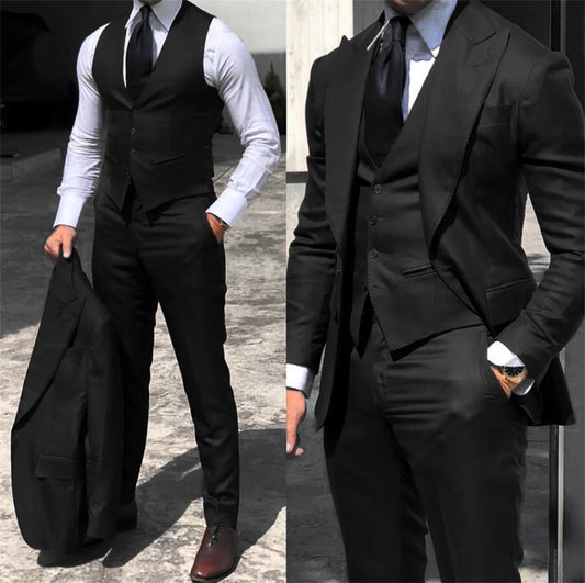 Traje clásico negro de 3 piezas para hombre, con solapa esmoquin de pico, conjunto de trajes de boda para padrino de boda, chaqueta de negocios a la moda, pantalones y chaleco