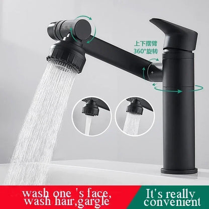 Grifo Giratorio de 1080° para Lavabo de Baño | Mezclador Montado en Cubierta a Prueba de Salpicaduras con Cabezal de Ducha y Aireador