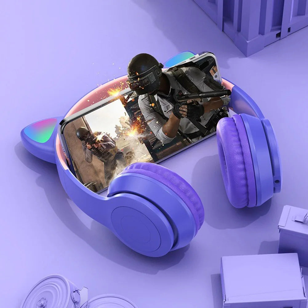 Auriculares con orejas de gato para niños y niñas, audífonos inalámbricos con luz LED RGB, estéreo, Bluetooth, música, PC, regalo para jugadores