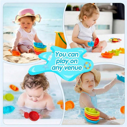 Juguetes de Baño para Bebés - Barquito Apilable con Cucharas, Juguete Educativo de Colores Arcoíris, Regalo de Inteligencia Temprana para Niños