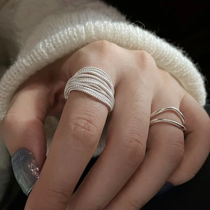 Anillo Ajustable de Líneas Únicas en Plata de Ley 925 - Joyería Vintage para Mujeres, Regalo de Cumpleaños y Moda para Fiestas