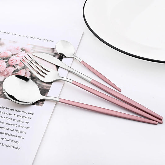 Set de Cubiertos Drmfiy Rosa y Plateado de Acero Inoxidable | Cuchillo, Tenedor, Cuchara y Cucharita | Cubertería de Alta Calidad para Cocina y Viajes