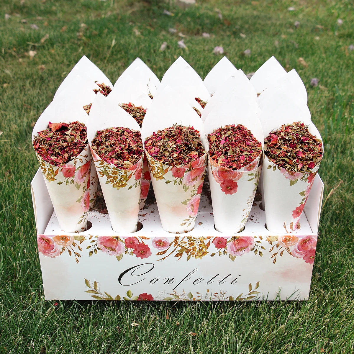 Soporte de Bandeja de Papel Kraft para Conos de Confeti en Bodas - Elegante Soporte para Conos de Papel en Bodas Rústicas y Decoración Floral