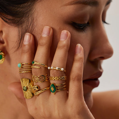 Anillo Uworld de Acero Inoxidable con Piedra Natural Turquesa Verde y Malaquita para Mujeres, Joyería Veraniega Bohemia y Estilizada