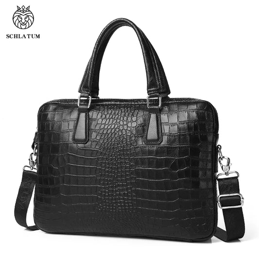 Maletín de Cuero Genuino SCHLATUM con Estampado de Cocodrilo para Laptop de 15.6 Pulgadas, Maletín de Negocios de Lujo