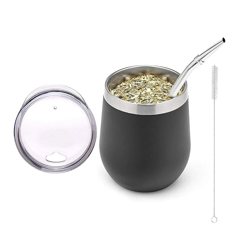 Juego de té Mate de acero inoxidable de doble pared, tazas de café, taza de té Mate con tapa, cuchara, Pajita, cabezal de Bombilla, cepillo de filtro