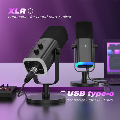 Micrófono Dinámico FIFINE USB/XLR con Botón de Silencio Táctil, Conector para Auriculares, Controles de E/S, para PC PS5/4, Mezclador de Juegos, Micrófono Ampligame AM8