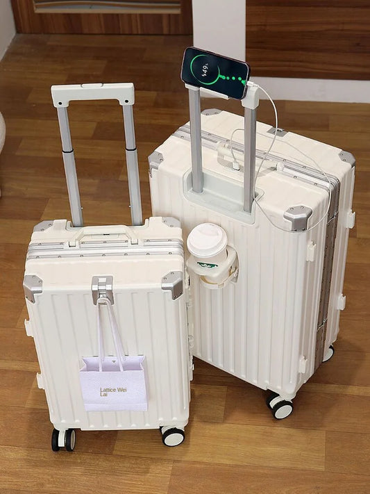 Maleta de Viaje con Marco de Aluminio y Ruedas – Equipaje Recargable de 20'' con Gancho para Teléfono y Soporte para Taza