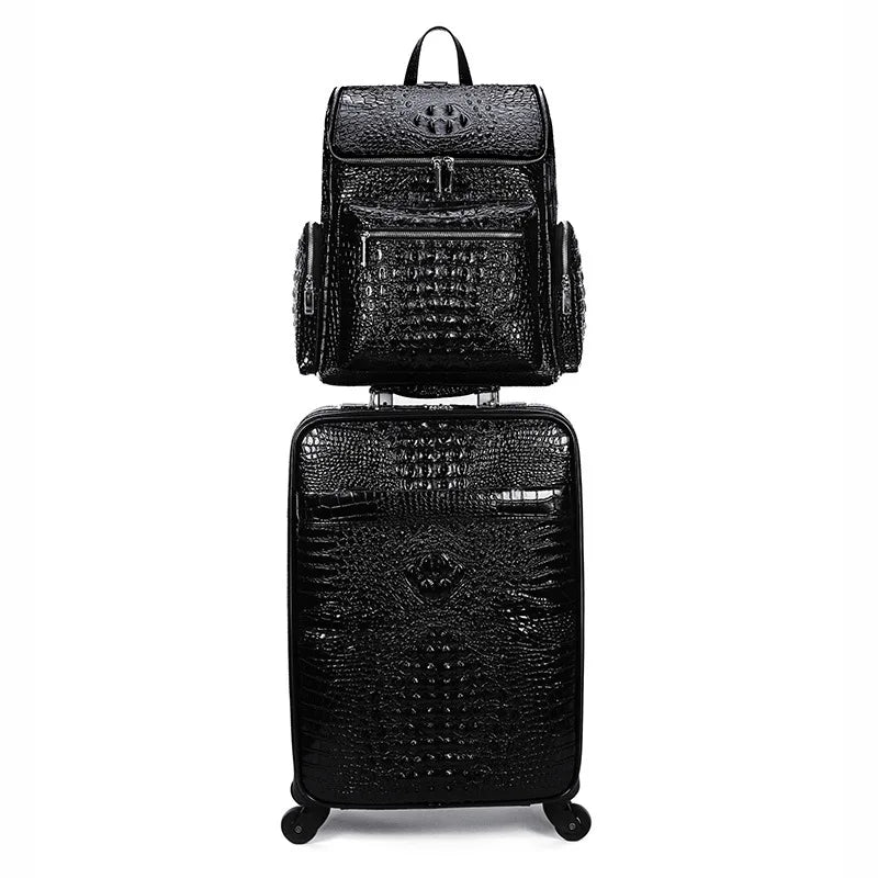 Maletero de Viaje de Cuero Genuino con Patrón de Cocodrilo, Juego de Equipaje con Mochila y Bolso de Mano, Maleta de Trolley para Hombres