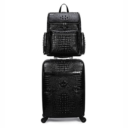 Maletero de Viaje de Cuero Genuino con Patrón de Cocodrilo, Juego de Equipaje con Mochila y Bolso de Mano, Maleta de Trolley para Hombres