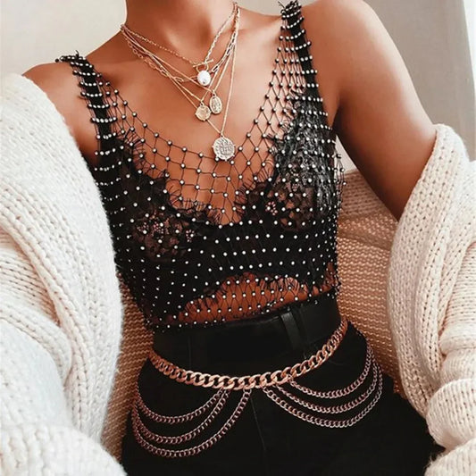 Top Transparente con Brillos para Mujer - Crop de Red con Brillantes Y2K, Ideal para Fiestas y Clubes