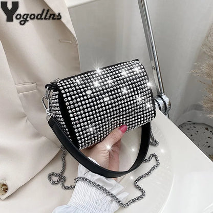 Bolso Crossbody con Cadena y Diamantes de Piedras, Bolso Mensajero de Mujer, Bolso Pequeño de Mano, Clutch de Moda, Bolso Boston Femenino