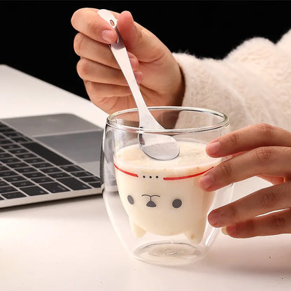Taza de Vidrio Doble 280ML con Diseño de Animales | Gato, Perro, Oso | Taza Transparente para Café, Té, Leche, Jugo o Vino | Ideal para Cumpleaños