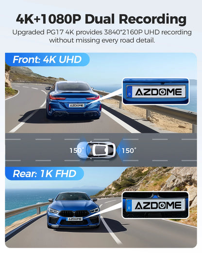 AZDOME PG17 12" WiFi Mirror Dash Cam - Cámara Dual 4K delantera y 1080P trasera