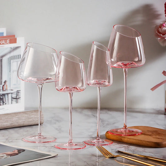 Juego de Copas de Vino Tinto de Flamenco Rosa Francés - Copas de Cristal con Boca Inclinada Creativa y Fondo Cóncavo, También para Champán Azul