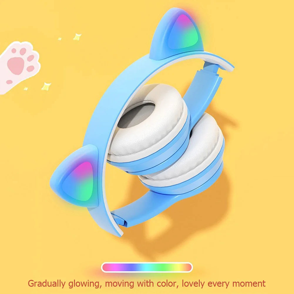 Auriculares con orejas de gato para niños y niñas, audífonos inalámbricos con luz LED RGB, estéreo, Bluetooth, música, PC, regalo para jugadores