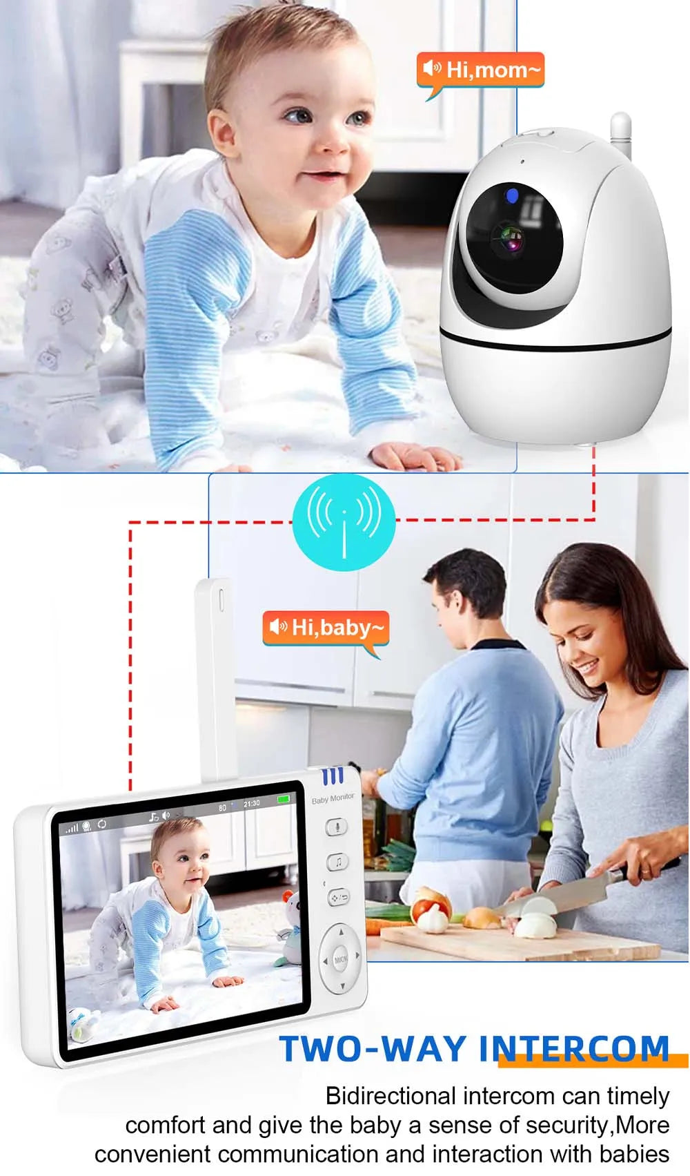 Monitor para Bebés 2 Pcs Cámara IP PTZ Inalámbrica Interior con Pantalla de 5 Pulgadas, Vigilancia de Video, Termómetro, Canciones de Cuna