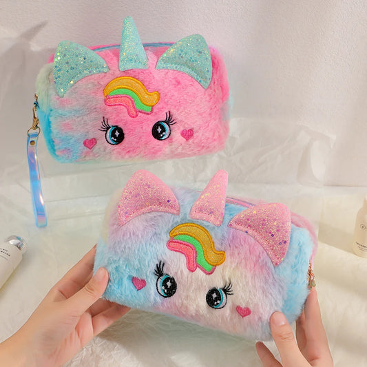 Bolso Kawaii de Unicornio para Niñas – Estuche Multiusos de Felpa con Gran Capacidad, Organizador de Maquillaje y Lápices