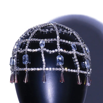 Sombrero de Cristal con Flecos, Tiara de Lujo, Cadena para el Cabello y Accesorios de Boda con Diamantes de Imitación