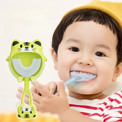 Cepillo de dientes en forma de U para bebé, 360 grados, cepillo de limpieza para el cuidado bucal, de silicona suave, artículos para bebé de 2 a 12 años