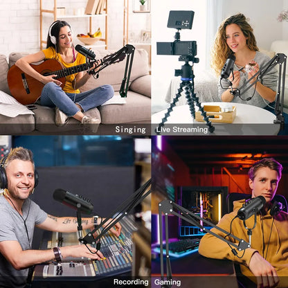 Kit de Micrófono Condensador USB Profesional para Streaming y Podcasting | Micrófono Cardioide con Brazo Boom para Grabación en Twitch y YouTube