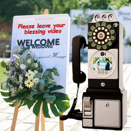 Libro de Mensajes de Video y Audio Retro para Bodas – Cabina Telefónica para Mensajes de Bendición y Registro de Invitados, Disponible en Negro y Rojo