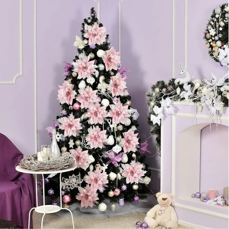 Juego de Flores Navideñas Artificiales con Brillo (10/5/1 piezas) - Decoración de Árbol de Navidad y Adornos Festivos 14.5 cm
