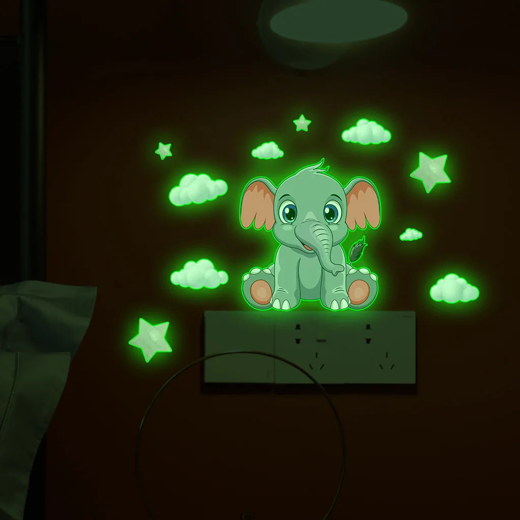 Pegatinas Luminosas de Pared con Forma de Nube y Pequeño Elefante para Decoración de Habitación de Bebés y Niños, Decoración del Hogar, Calcomanía Combinada que Brilla en la Oscuridad