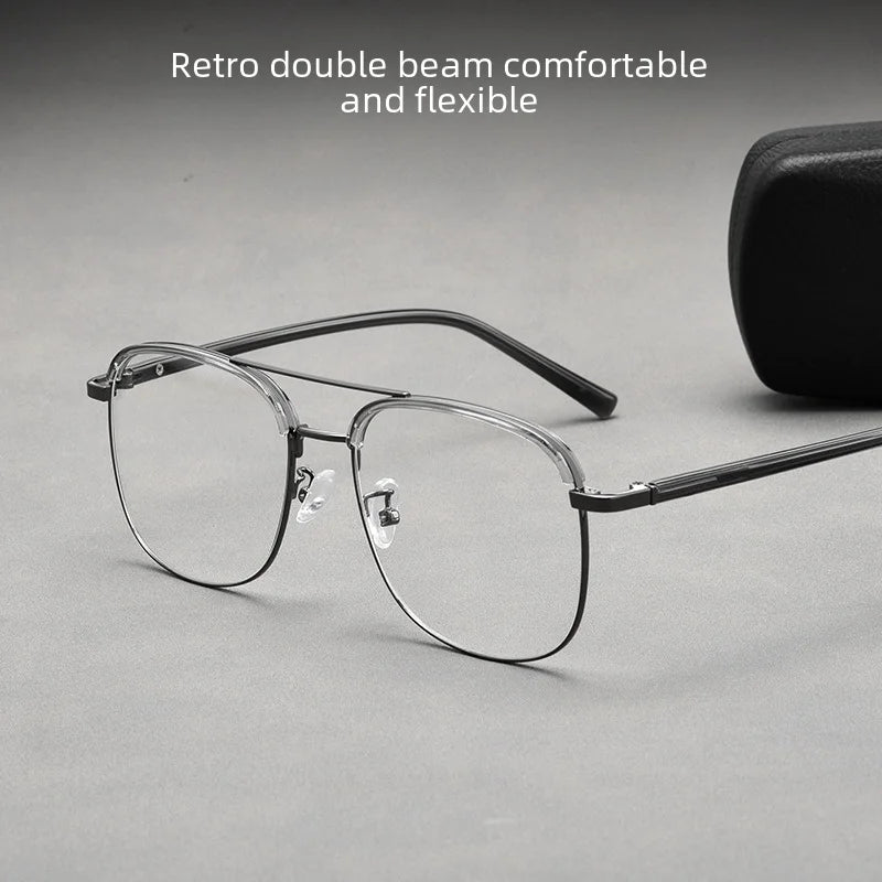 Gafas Retro de Doble Puente para Hombre, Montura de Metal de 18032h, Ajuste Facial Grande, Montura Completa Redonda, Lentes de Plástico Universales