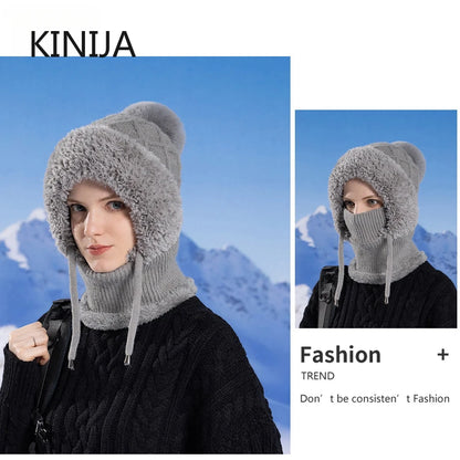 Pasamontañas de Lana de Punto de Terciopelo para Mujer - Gorro Esponjoso con Protección para los Oídos y Máscara de Cuello Integrada