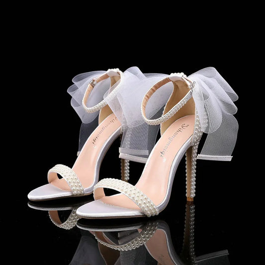 Sandalias de Tacón Alto  - Elegantes con Punta Abierta, Adornos de Rhinestones y Perlas para Novias