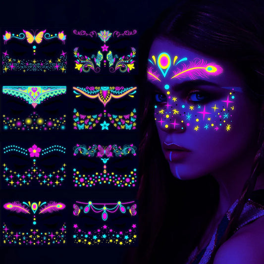 Set de 8 Calcomanías de Mariposa Fluorescentes | Tatuajes de Cara para Fiesta y Club Nocturno | Tatuajes Neón Impermeables para Festival de Música
