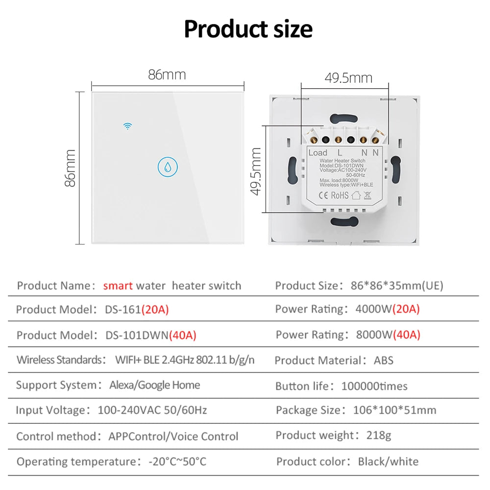 Interruptor de Pared Táctil para Calentador de Agua y A/C Wifi Inteligente Tuya 40A