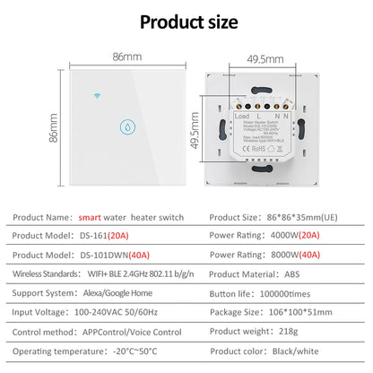 Interruptor de Pared Táctil para Calentador de Agua y A/C Wifi Inteligente Tuya 40A