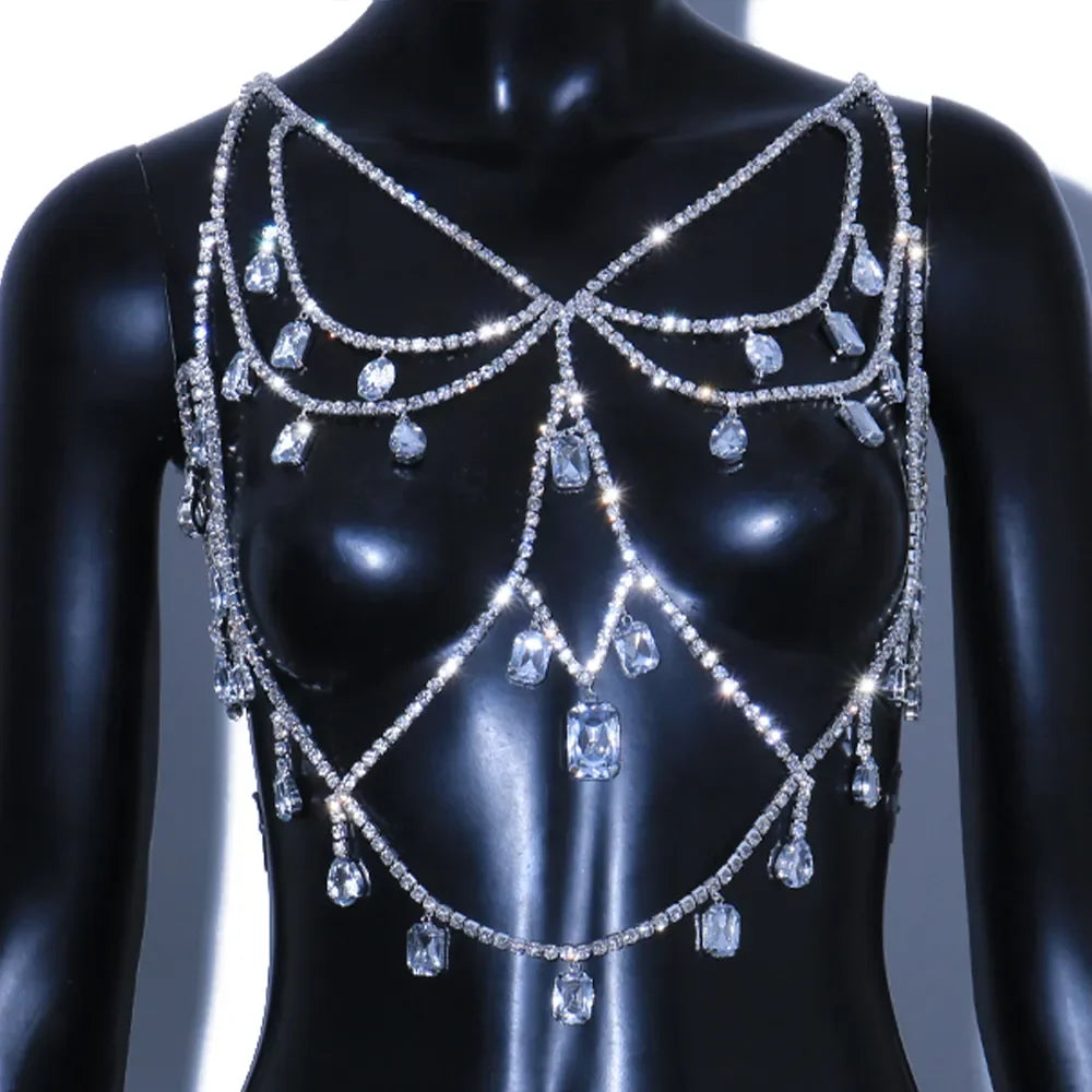 Lencería de Cristal Grande para Mujer, Cadena de Pecho con Gema de Agua, Sujetador Chaleco de Diamantes de Imitación, Joyería para Discoteca
