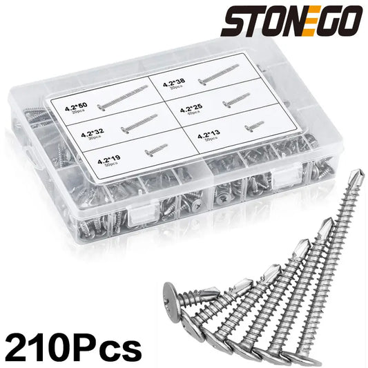 Set de Tornillos Autotaladrantes HEXAGONALES STONEGO - 210 Piezas en Caja para Conexiones Precisas