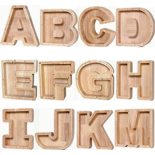 Alcancía para Niños: Gran Alcancía Personalizada de Madera en Forma de Letra - Caja de Ahorros de Monedas con Letras del Alfabeto