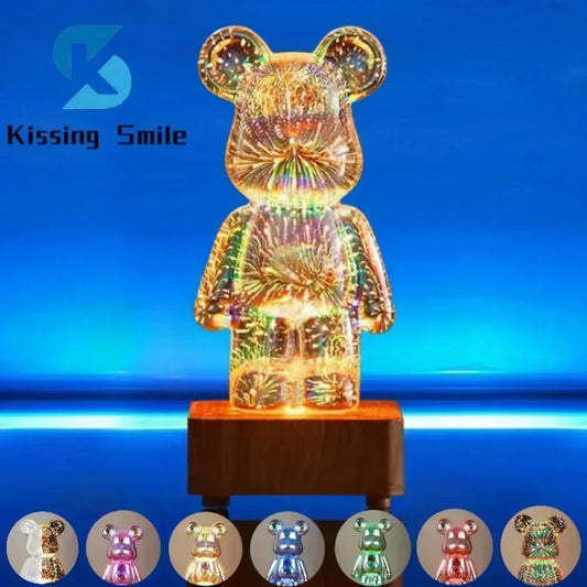 LED 3D Bear Firework Night Light - Proyector USB con Cambio de Colores, Lámpara Ambiental para Decoración de Habitaciones Infantiles y Dormitorios