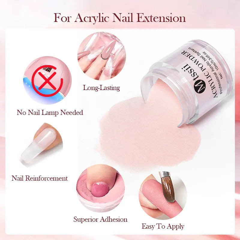 Kit de polvo de cristal para uñas, juego de líquido acrílico con pincel para uñas, rosa y blanco, juego profesional para tallado de extensiones de uñas