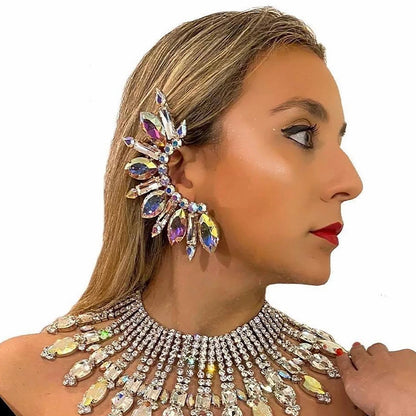 Pendientes de Clip de Oreja Exagerados con Diamantes de Imitación Brillantes para Mujer, Pendientes Grandes sin Perforación, Cristal de Color AB, Joyería de Puño de Declaración