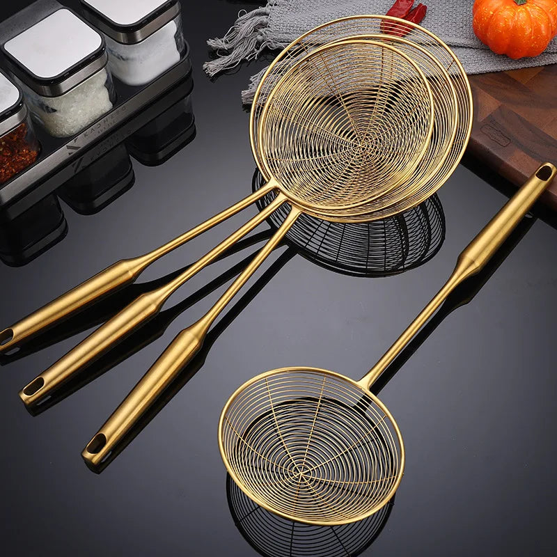 Colador de Espumador de Acero Inoxidable Dorado - Herramienta de Cocina para Freír y Filtrar Aceites