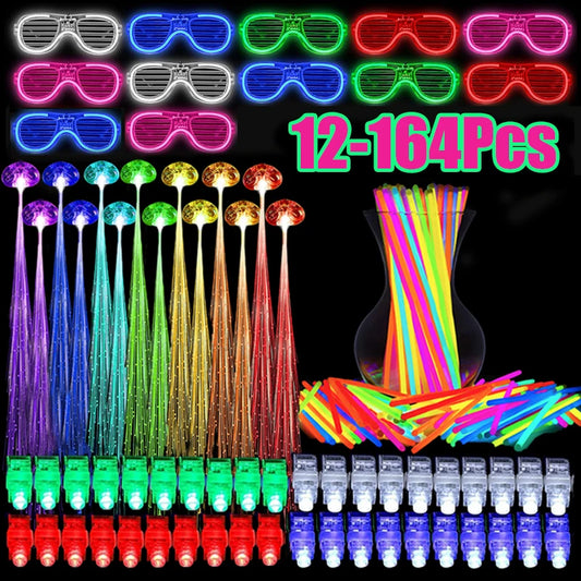 12-164Pcs Accesorios Luminosos para Fiestas - Gafas LED, Barras de Luz, Luces para Dedos y Horquillas Brillantes