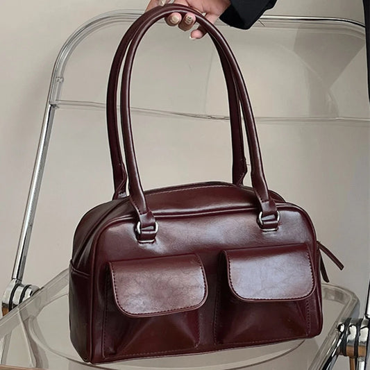 Bolso Hobo Retro para mujer, bolsa de compras de cuero PU, bolso de axila de diseño sólido, bolso de mano informal con doble bolsillo
