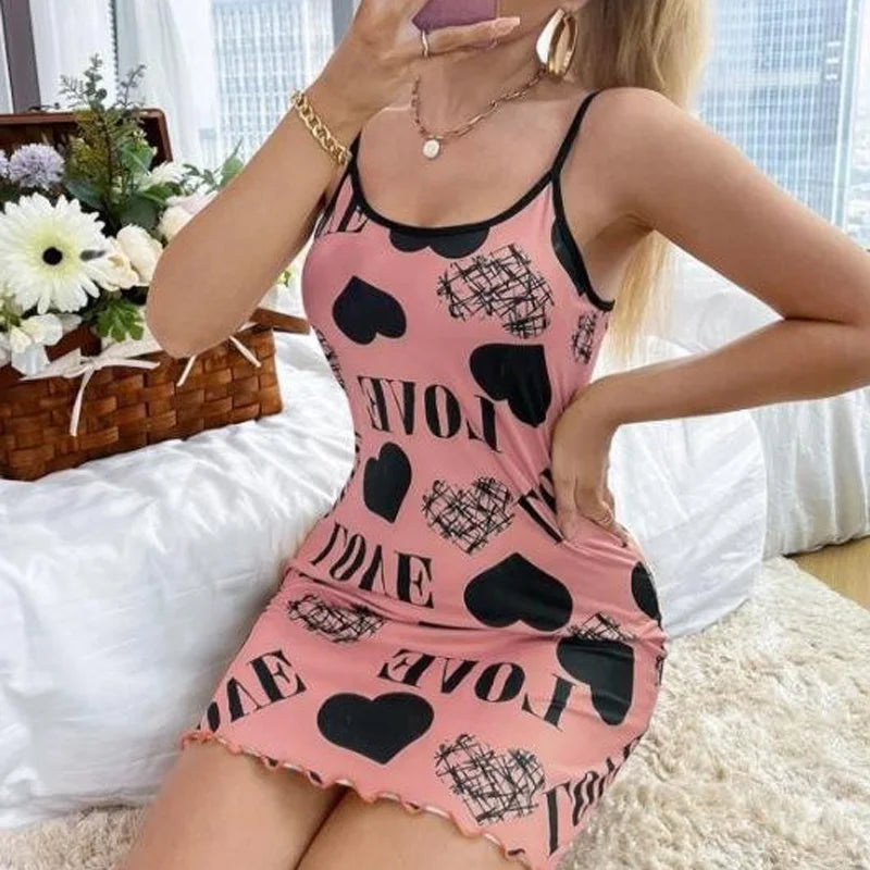 Camisón de belleza con espalda delgada para el hogar, ropa Sexy con cuello Halter, Falda corta, pijama con estampado de dibujos animados de amor, novedad de verano